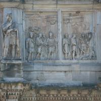 Arch of Constantine - View of Relief Panels from a monument to Marcus Aurelius depicting the Emperor's Arrival into Rome and his Departure from Rome with Flanking Dacians on the North Facade of the Arch of Constantine