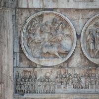 Arch of Constantine - View of a Hadrianic Tondo on the North Face of the Arch depicting the Boar Hunt with the Emperor in the Forum on the frieze below