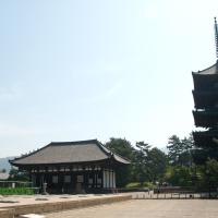 Kofukuji - Exterior: Looking north from the Nanendo (Southern Octagonal Hall) towards the Gojunoto (Five Storied Pagoda) and Tokondo (Eastern Golden Hall)