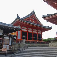 Kiyomizudera - Kyodo (Hall of Writings), Exterior: View between Three-Storey Pagoda and Jish-in