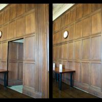 Tribune Tower - Interior: Conference room, formerly office of Tribune editor and publisher Robert R. McCormick. Detail: Two views of hidden conference room door, shown open and shut.