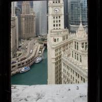 Tribune Tower - Interior: Conference room, formerly office of Tribune editor and publisher Robert R. McCormick. View of Wrigley Building and Chicago River from window.