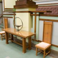 Unity Temple - Interior: Altar and Chairs in front of Pulpit