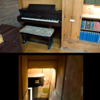 Frank Lloyd Wright Home and Studio - Interior: Two views of grand piano, showing front end in playroom, and back end in stairwell