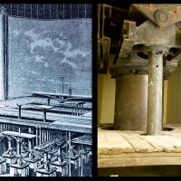 Auditorium Building - Theatre: Left, drawing of hydraulic lifts for sections of stage floor. Right, view of hydraulic lift.