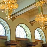 Auditorium Building - Banquet Hall/Ballroom, now Rudolph Ganz Memorial Recital Hall: View of clerestory art glass windows, showing birchwood wainscotting and columns, and guilded electroliers hanging from ceiling beams