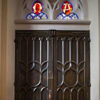 Loretto Chapel  - Interior: Doors of Main Entrance and Stained Glass 