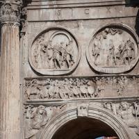 Arch of Constantine - View of Hadrianic Tondi on the South Face of the Arch depicting the Sacrifice of Silvano and Leaving for the Hunt with the Siege of Verona on the frieze below