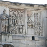 Arch of Constantine - View of Relief Panels from a monument to Marcus Aurelius depicting the Distribution of Money to the Poor and the Surrender of a Barbarian Chief with Flanking Dacians on the North Facade of the Arch of Constantine