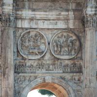 Arch of Constantine - View of Hadrianic Tondi on the North Face of the Arch depicting the Boar Hunt and a Sacrifice to Apollo with the Emperor in the Forum on the frieze below