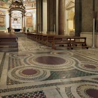 Santa Croce in Gerusalemme - Interior: View of main altar from entrance, detail of mosaic flooring