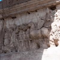 Arch of Titus - Detail: View of a relief panel depicting the Emperor in a Triumphal Procession from the south pier of the Arch of Titus