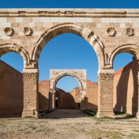 Qasr Mshatta - Exterior: Reconstruction of Triple Arched Facade, Entrance to Columned Hall