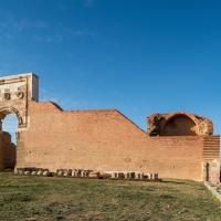 Qasr Mshatta - Exterior: Main Courtyard Facing North, Reconstruction of Wall East of Triple Arched Facade