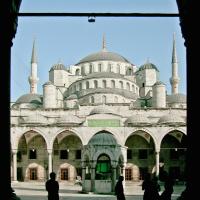 Sultanahmet Camii - Exterior: Courtyard; Facing Southeast; Fountain; Vaulted Arcade