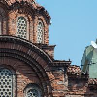 Eski Imaret Camii - Exterior: Western Facade Detail, Dome, Tamour, Frieze
