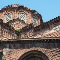 Eski Imaret Camii - Exterior: Southeastern Corner Detail, Dome, Tambour, Frieze, Brickwork, Sloping Roof