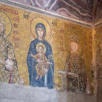 Hagia Sophia - Interior: Eastern Wall of Southern Gallery, Comnenus Mosaic of Virgin and Child, Emperor John II Comnenus, Empress Irene, Alexius Comenenus