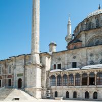 Laleli Camii - Exterior: Complex Southwestern Facade; Side Enrance; Minaret; Domed Prayer Hall; Side Arcade