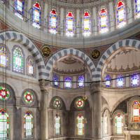 Laleli Camii - Interior: Central Prayer Hall, Gallery View, Stained Glass, Calligraphic Inscriptions, Roundels, Pendentives
