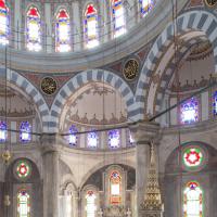 Laleli Camii - Interior: Gallery View, Qibla Wall, Mihrab Niche, Minbar, Stained Glass, Pendentives, Roundels