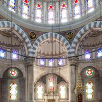 Laleli Camii - Interior: Gallery View, Qibla Wall, Minbar, Mihrab Niche, Stained Glass, Support Piers