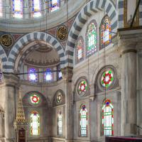 Laleli Camii - Interior: Minbar, Southwest Corner, Support Columns, Stained Glass, Roundels