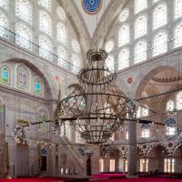 Mihrimah Sultan Camii - Interior: Central Prayer Hall, Chandelier, Pendentive, Roundel, Minbar, Mihrab Niche