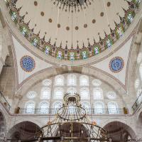 Mihrimah Sultan Camii - Interior: Prayer Hall, Central Dome, Pendentives, Pointed Arch Windows, Roundels, Calligraphy, Light Fixture