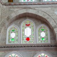 Mihrimah Sultan Camii - Interior: Qibla Wall, Pointed Arch Windows, Stained Glass Detail