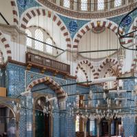 Rustem Pasha Camii - Interior: Main Prayer Hall; Chandelier; Iznik Tilework; Entrance Portal; Support Piers, Gallery; Pendentives; Roundels; Calligraphic Inscriptions