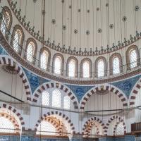 Rustem Pasha Camii - Interior: Central Prayer Hall Viewed From Northeast Gallery; Dome Detail; Inscriptions; Pendentives; Gallery; Support Piers