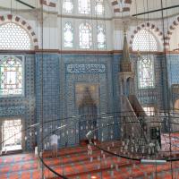 Rustem Pasha Camii - Interior: Gallery View of Qibla Wall, Mihrab Niche, Minbar, Central Prayer Hall, Chandelier