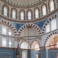Rustem Pasha Camii - Interior: Gallery View Looking South; Qibla Wall; Half-Dome; Pendentives; Roundels; Inscriptions; Minbar