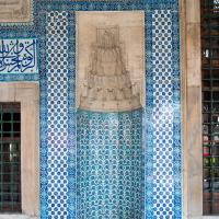 Rustem Pasha Camii - Exterior: Northwestern Facade Detail, Blind Niche;  Iznik TIlework; Muqarnas