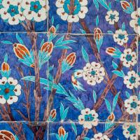 Rustem Pasha Camii - Exterior: Northwestern Facade Detail, Iznik Tile Panel Detail; Blossoming Tree
