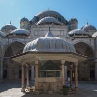 Sehzade Camii - Exterior: View of Courtyard, Ablution Fountain, Eastern Elevation
