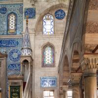 Sokullu Mehmed Pasha Camii - Interior: View Along Southwest Side Aisle; Minbar; Qibla Wall; Inscriptions; Stained Glass