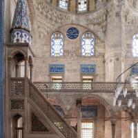 Sokullu Mehmed Pasha Camii - Interior: Facing Southwest Side Aisle and Gallery; Minbar