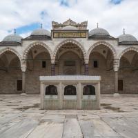 Suleymaniye Camii - Exterior: Courtyard; Facing Courtyard Main Entrance Portal; Ablution Fountain (Sadirvan)