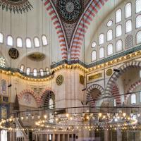 Suleymaniye Camii - Interior: Main Prayer Hall, Facing South; Support Pier; Muezzin's Tribune; Minbar; Pendentive; Inscription Medallion; Shield Windows