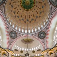 Suleymaniye Camii - Interior: Central Dome Facing Northwest; Pendentives; Support Domes; Inscription Medallinos