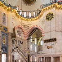 Suleymaniye Camii - Interior: Central Prayer Hall Facing South; Muezzin's Tribune; Minbar; Half-Dome; Roundels; Calligraphic Inscriptions