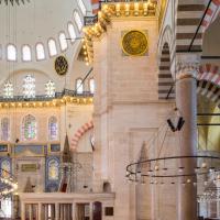 Suleymaniye Camii - Interior: Central Prayer Hall, Facing Southeast; Muezzin's Tribune; Qibla Wall; Blind Niche; Inscription Medallions