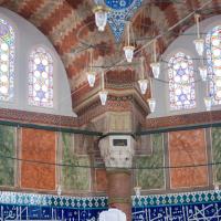 Suleymaniye Camii - Interior: Tomb of Sultan Suleyman I; Stained Glass; Chandelier; Muqarnas Column Capitals; Variegated Marble
