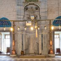Sultan Selim Camii - Interior: Qibla Wall; Mihrab Niche; Muqarnas; Lunettes Above Windows with Iznik Tilework
