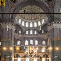 Yeni Camii - Interior: Central Prayer Hall, Facing Qibla Wall; Support Piers; Roundels Bearing Inscriptions
