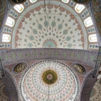 Yeni Camii - Interior: Apse, Central Dome; Arch Separating Half-Domes; Roundels; Calligraphic Inscriptions; Arabesques radiating outward from Center of Domes