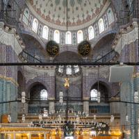 Yeni Camii - Interior: Central Prayer Hall Facing Entrance in Northwest; North-West Half-Dome; Gallery; Muezzin's Tribune to Left Along Western Pier; Women's Prayer Area Near Entrance