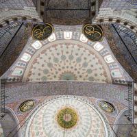Yeni Camii - Interior: Central Dome; Northwest Half-Dome; Support Domes; Roundels Bearing Inscriptions; Medallions with Calligraphic Inscriptions; Arabesques Radiating from Dome Centers